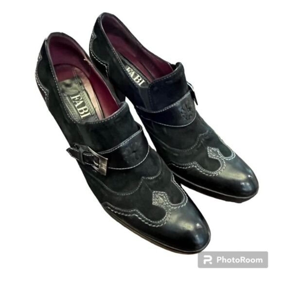 FABI Women's Heeled Shoes with Buckle Black Texture Size 38.5 (7.5 US) - Picture 1 of 8